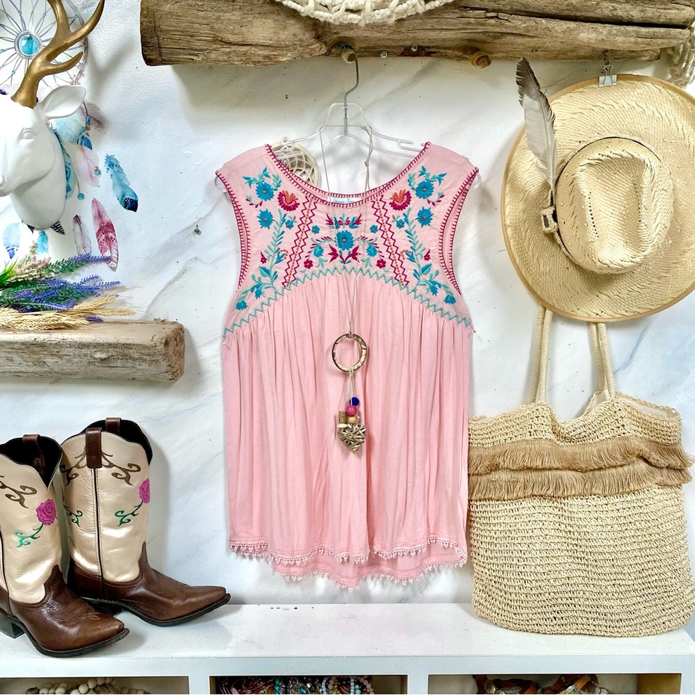Grace & Lace Pink Embroidered Tank Top